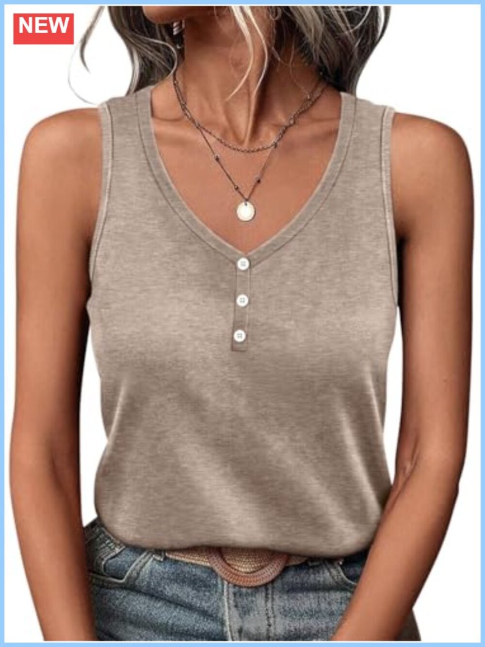 Womens V Neck Henley Tank Top Sleeveless Loose Fit Summer Shirt